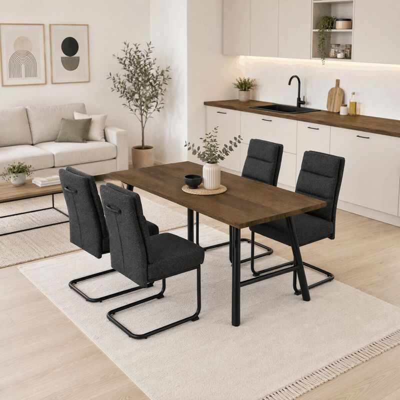 Jedálenský set so 4 stoličkami, 180x90cm, sivá látka, dýha orech