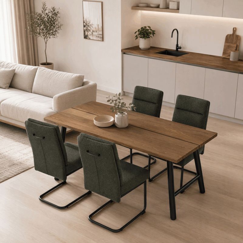 Jedálenský set so 4 stoličkami, 180x90cm, zelená látka, dýha orech