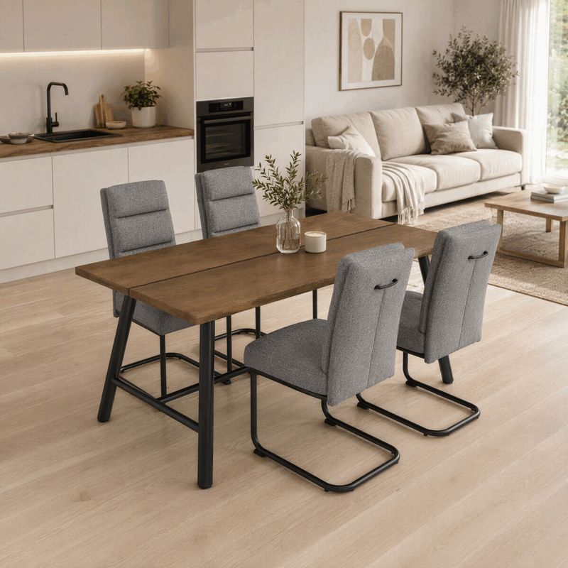 Jedálenský set so 4 stoličkami, 180x90cm, sivá látka, dýha orech