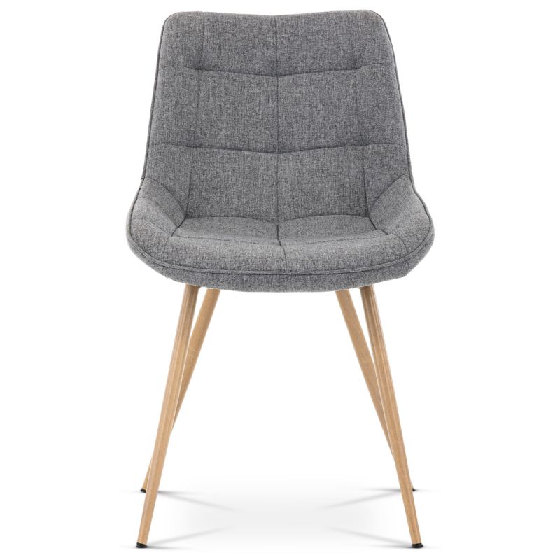 Jedálenská stolička, poťah šedá látka, kovové nohy, 3D dekor dub