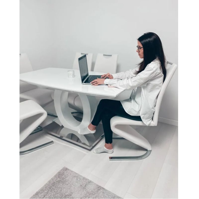 Dizajnový jedálenský stôl, biela vysoký lesk/oceľ