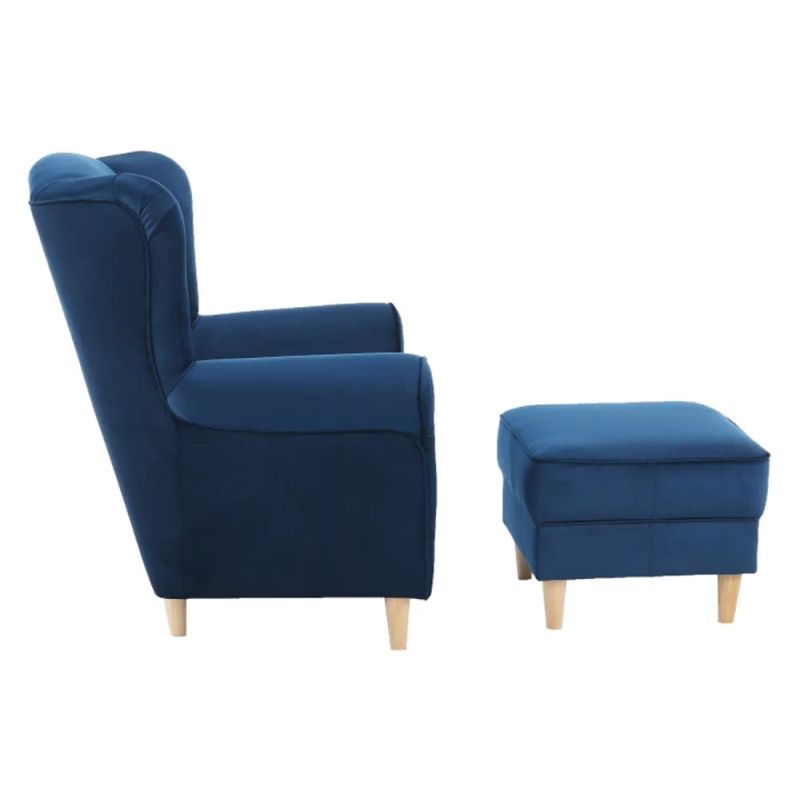 Kreslo ušiak s taburetom, látka modrá