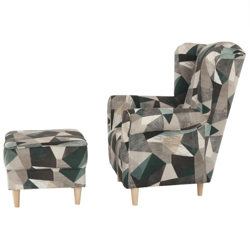 Dizajnový ušiak, s taburetom, látka hnedozelená vzor