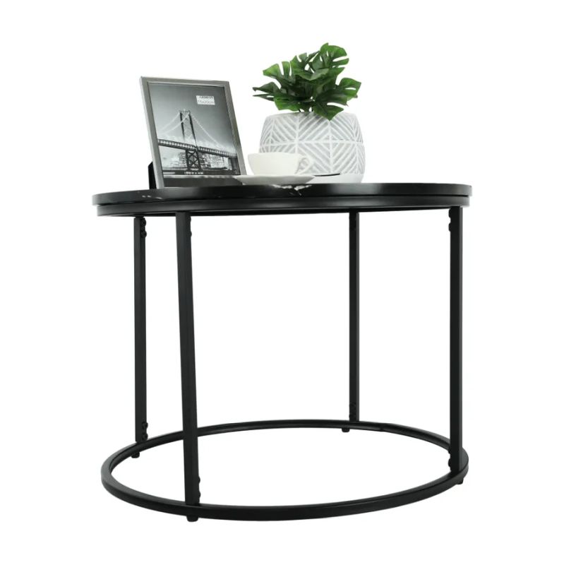 Konferenčný stolík okrúhly, čierny mramor-čierny kov