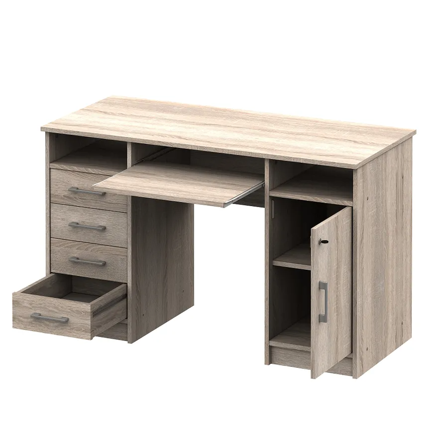 PC stôl so zamykateľnou skrinkou a šuplíkmi, dub sonoma