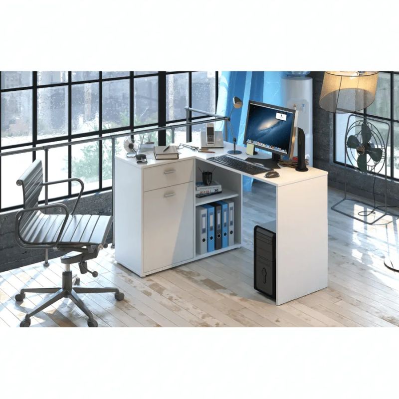 Rohový PC stôl s množstvom úložného priestoru, biely