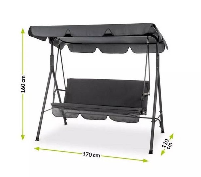 Záhradný hojdací trojsed so strieškou, tmavosivý