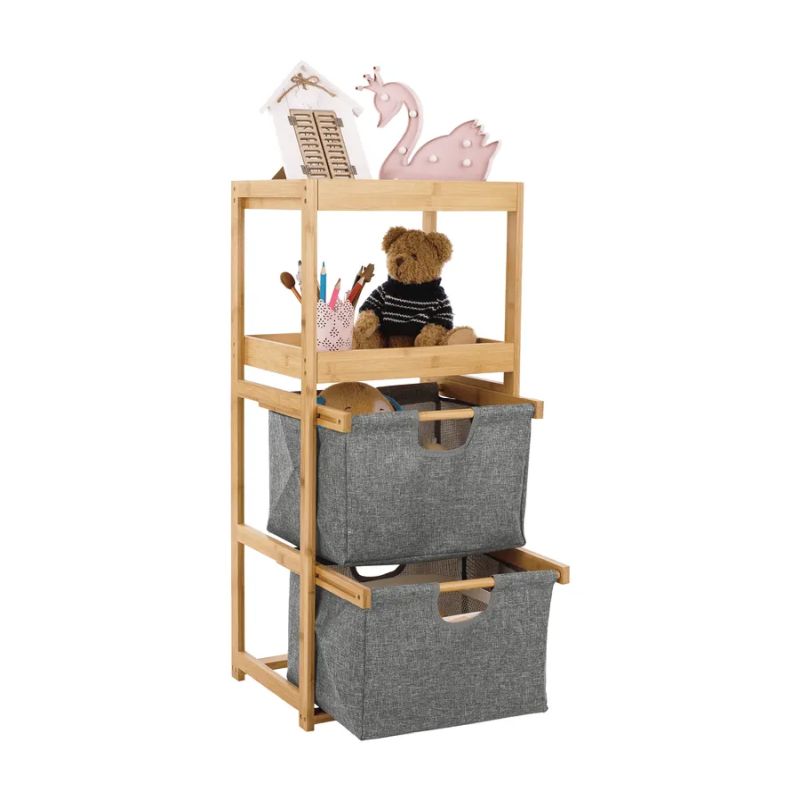 Úložný regál, lakovaný bambus-látka sivá