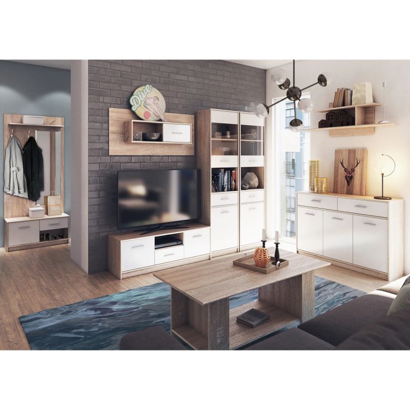 Kvalitný RTV stolík, 2D1S, biela-dub sonoma