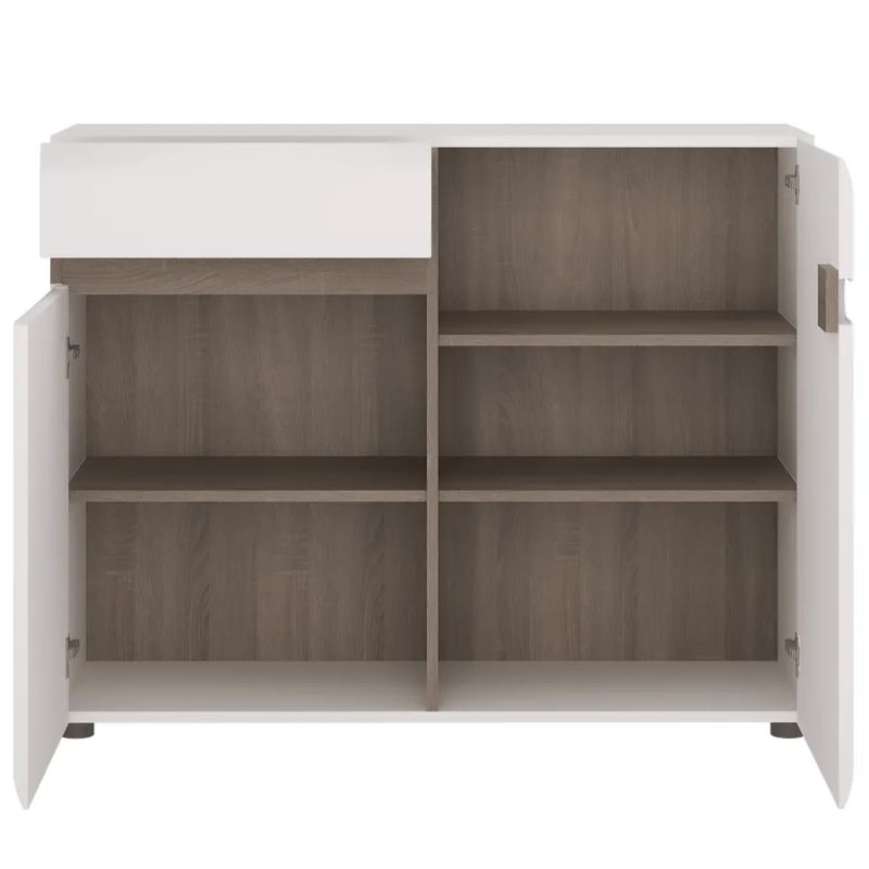 Komoda 2-dverová, dub sonoma tmavý -biela vysoký lesk