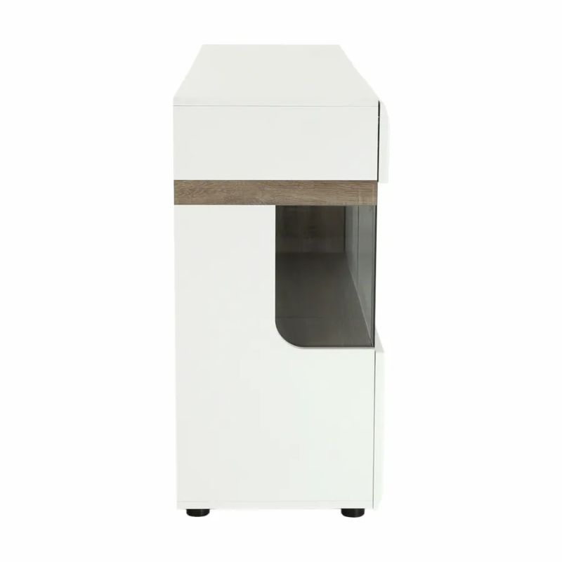 Komoda 3-dverová so sklom, dub sonoma tmavý -biela vysoký lesk