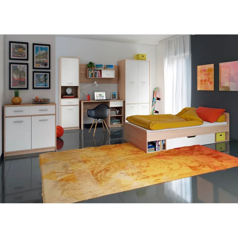 Moderná študentská komoda 2x zásuvka a 3x dvierka, biela-dub sonoma