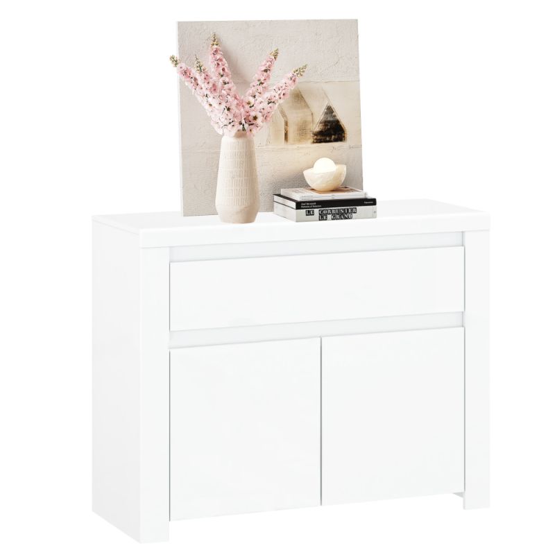 Komoda s jednou zásuvkou a dvojdverovou skrinkou v bielom lesku