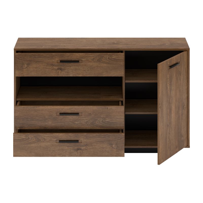 Komoda, skrinka, 3 zásuvky a otvorený priestor, dub bolzano-čierna