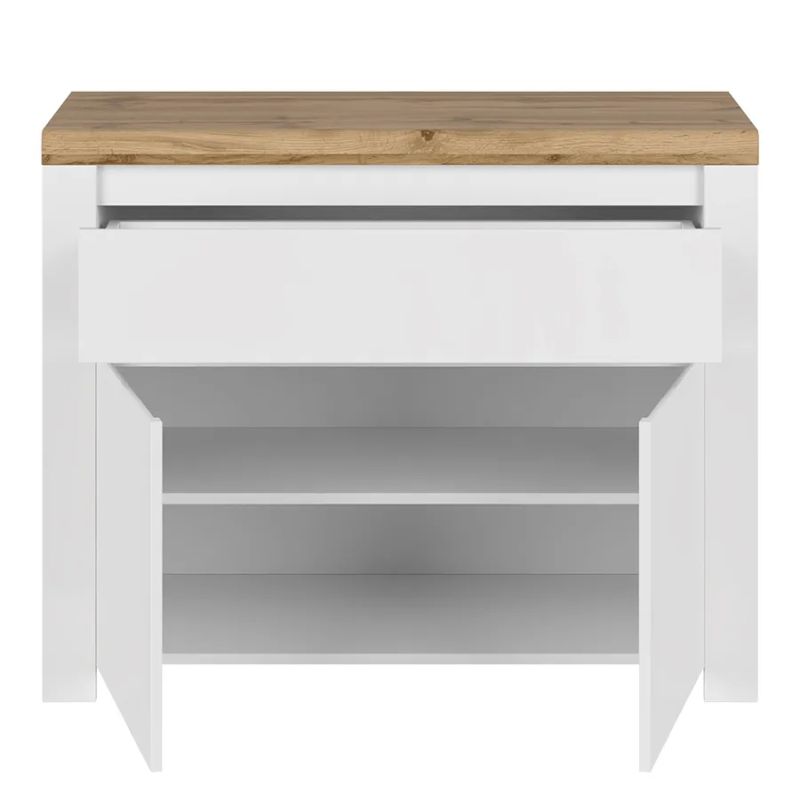 Komoda v modernom štýle, 1 zásuvka, 1 skrinka, biely lesk-dub wotan