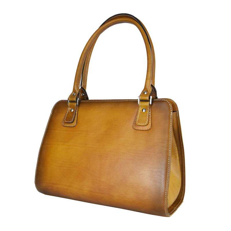 Módna kožená kabelka 8614 ručne tamponovaná a tieňovaná v tmavo žltej farbe