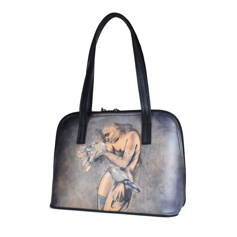 Ručne maľovaná kabelka s motívom Dievča s holubmi