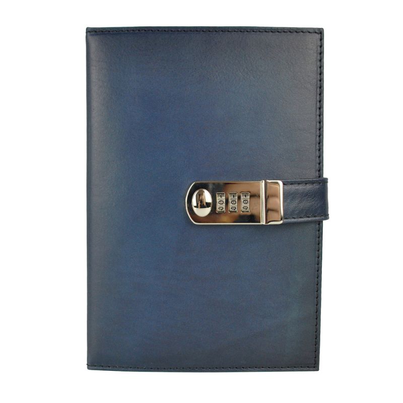 Kožený zápisník XXL s číselným zámkom v tmavo modrej farbe, ručne tieňovaný