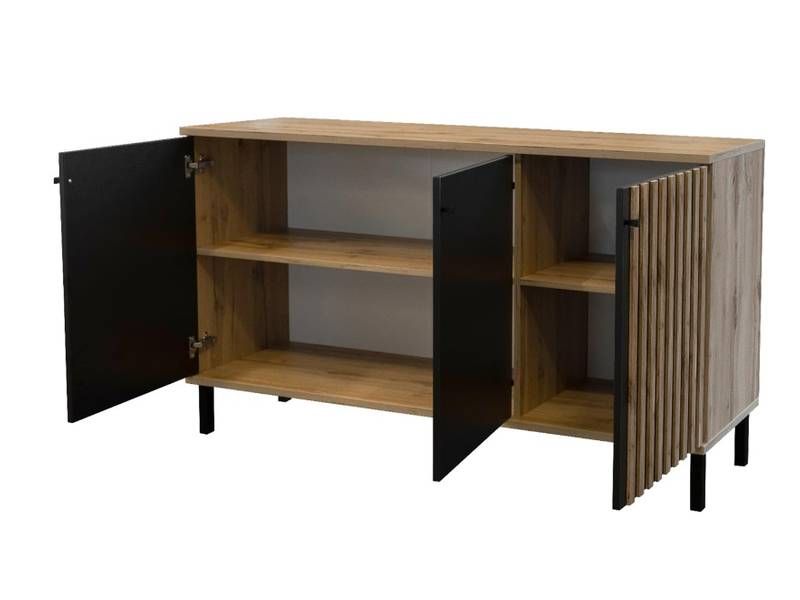 Moderná komoda 3D s tromi dvierkami, dub wotan-čierna