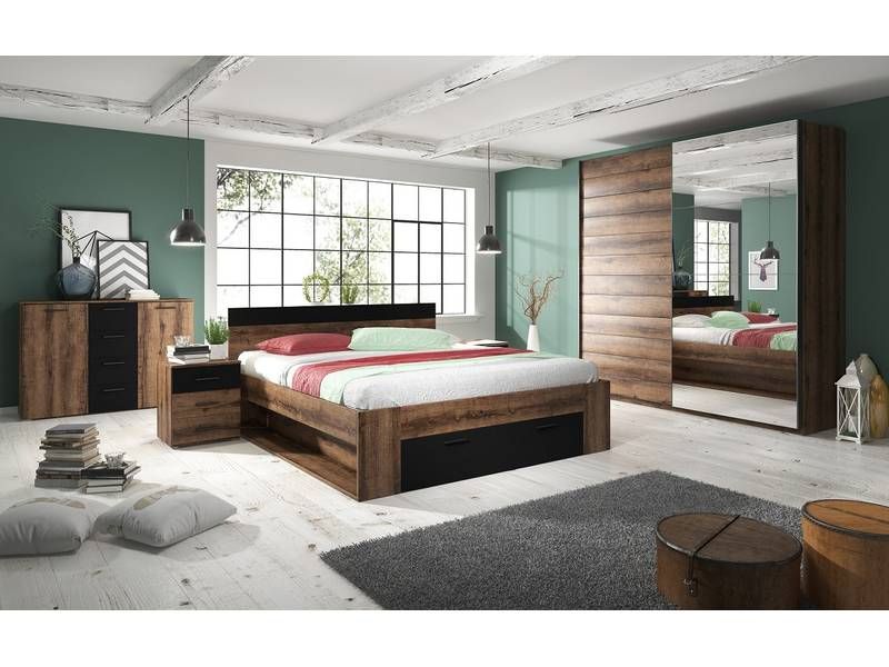 Komoda 2x dvierka a 4x zásuvka, dub monastery-čierne sklo