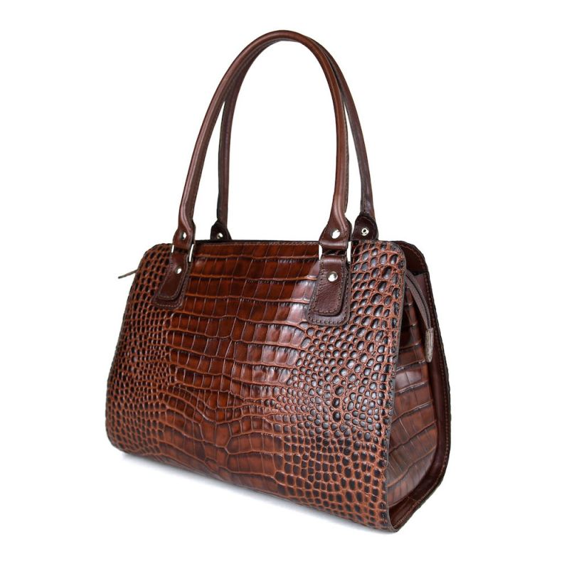 Kabelka z pravej hovädzej kože s dezénom krokodíla v hnedej farbe