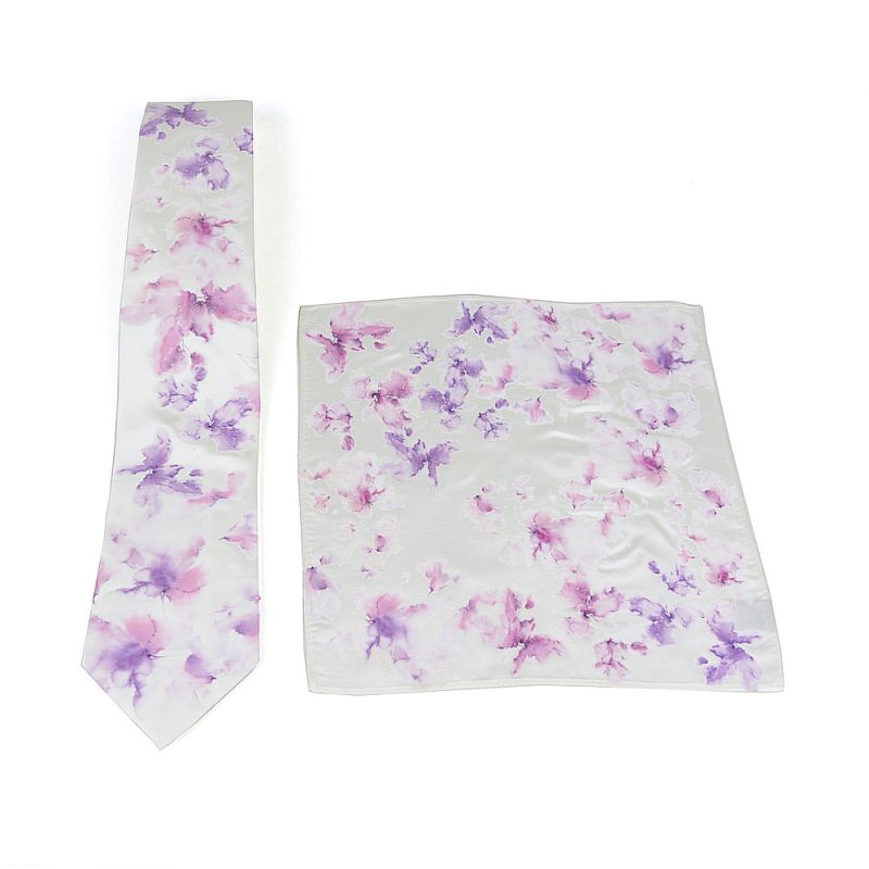 Hodvábna kravata + vreckovka - Fialové kvetiny 100% hodváb