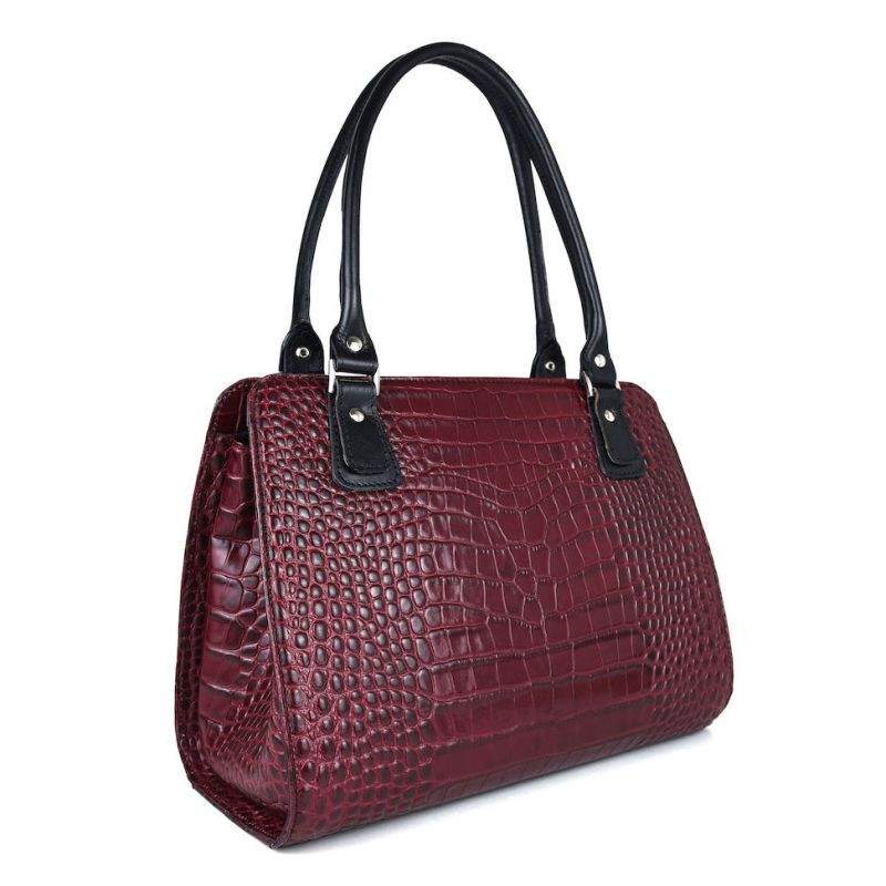 Kabelka z pravej hovädzej kože s dezénom krokodíla v bordovej farbe