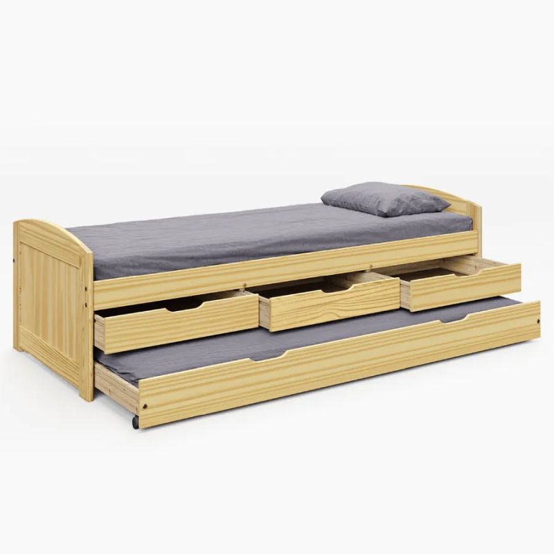 Posteľ s prístelkou a šuplíkmi z borovicového dreva, prírodná