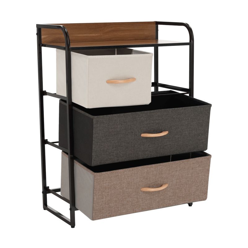 Komoda s látkovými šuplíkmi, čierna-béžová-svetlohnedá-tmavohnedá, TYP 2