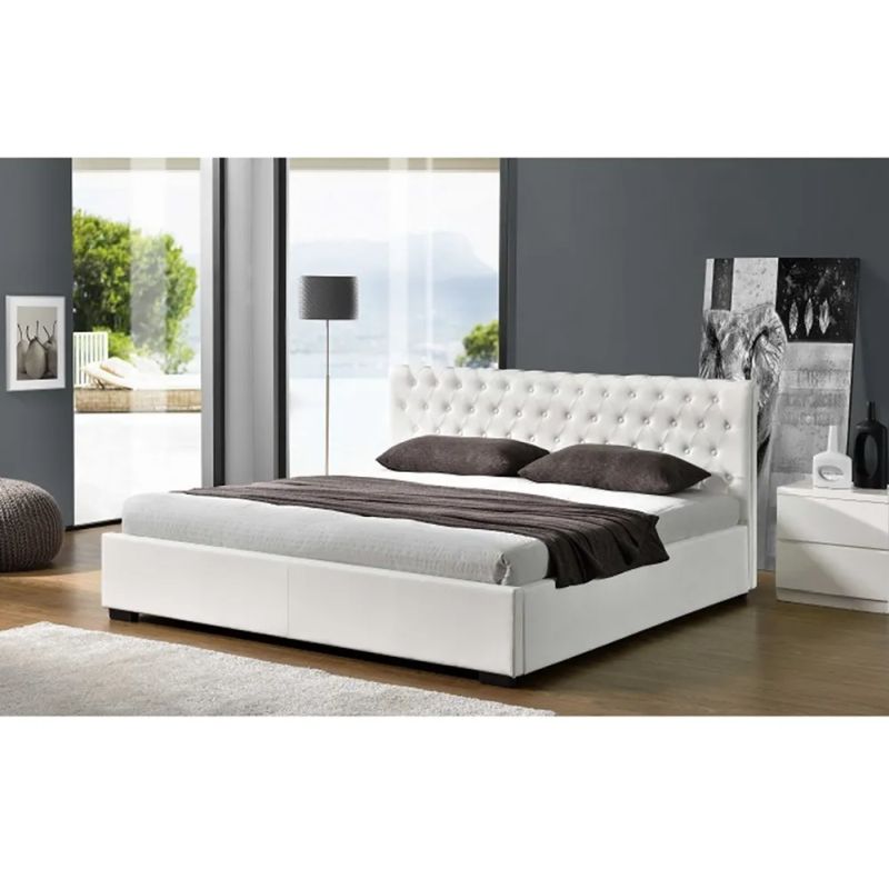 Manželská posteľ s úložným priestorom, biela ekokoža, 160x200