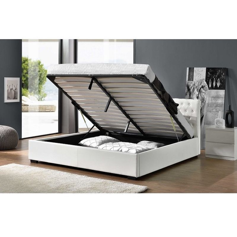 Manželská posteľ s úložným priestorom, biela ekokoža, 180x200