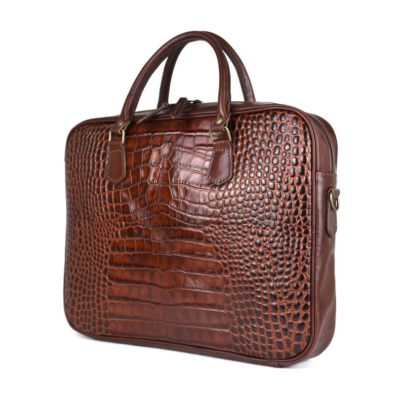 Kožená pracovná cestovná taška s dezénom krokodíla v hnedej farbe