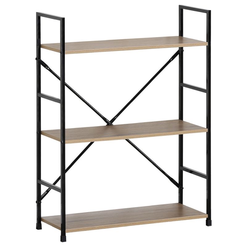 Regál, 3 police, dekor dub-čierny lak s výstuhou v tvare X