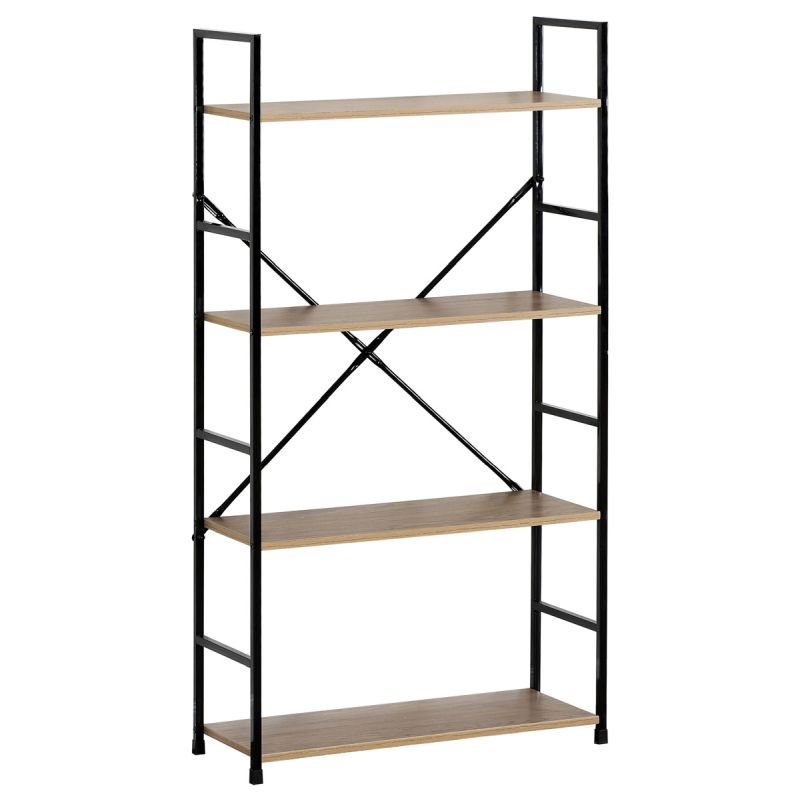 Regál, 4 police, dekor dub-čierny lak s výstuhou v tvare X