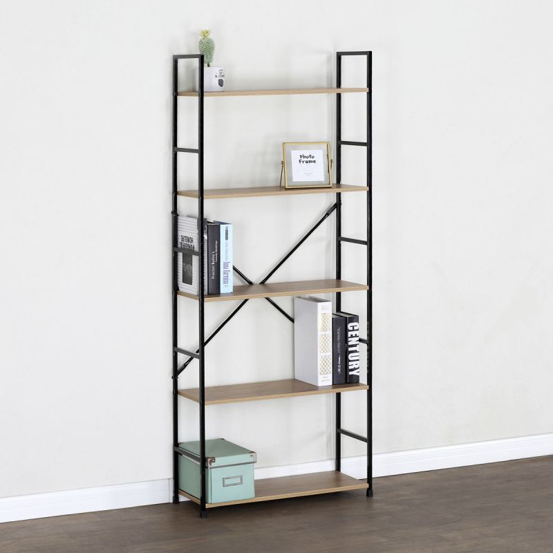 Regál, 5 políc, dekor dub-čierny lak s výstuhou v tvare X