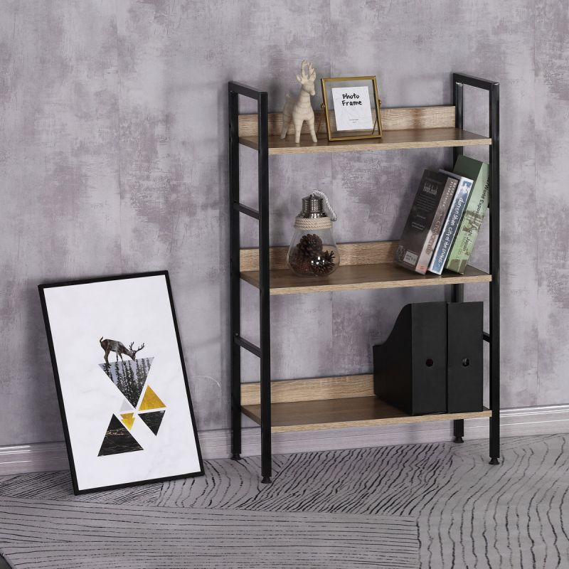 Regál kovový s MDF, 3 police, dekor dub-čierny lak