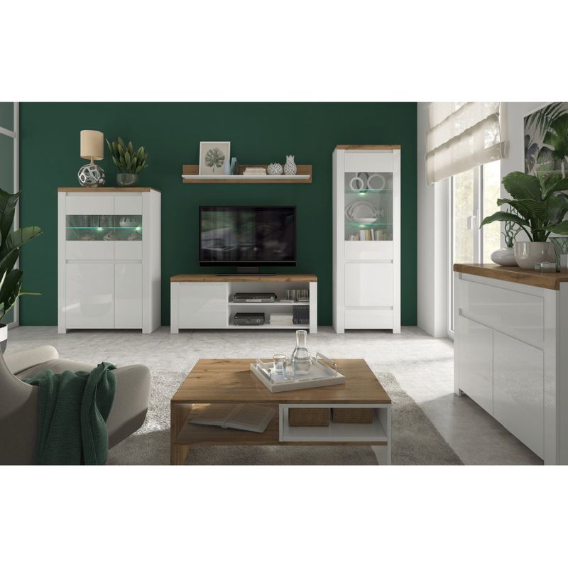 Konferenčný stolík s moderným vzhľadom, biela-dub wotan