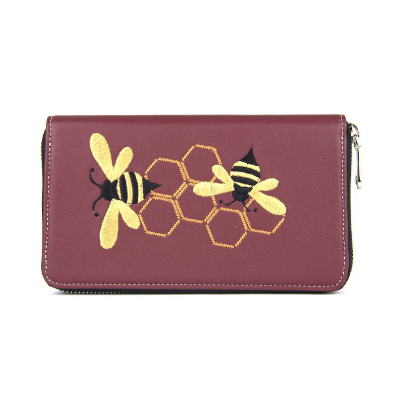 Módna dámska vyšívaná kožená peňaženka č.8606 s motívom Včeličiek, bordová farba