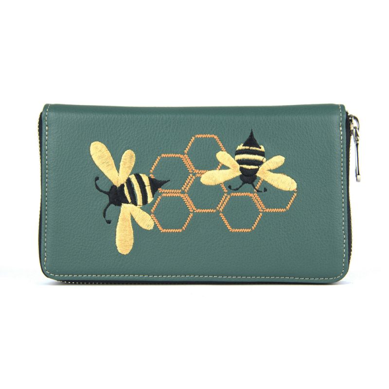 Módna dámska vyšívaná kožená peňaženka č.8606 s motívom Včeličiek, zelená farba
