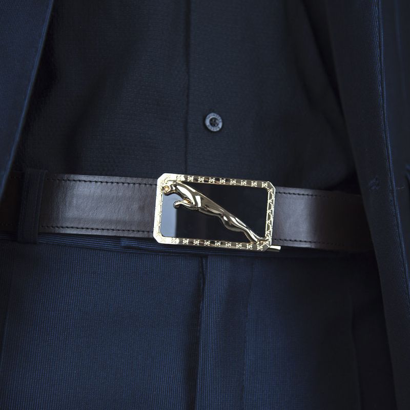 Kožený opasok s brzdou, šírka 3.5cm, GOLD JAGUAR - Tmavo hnedá