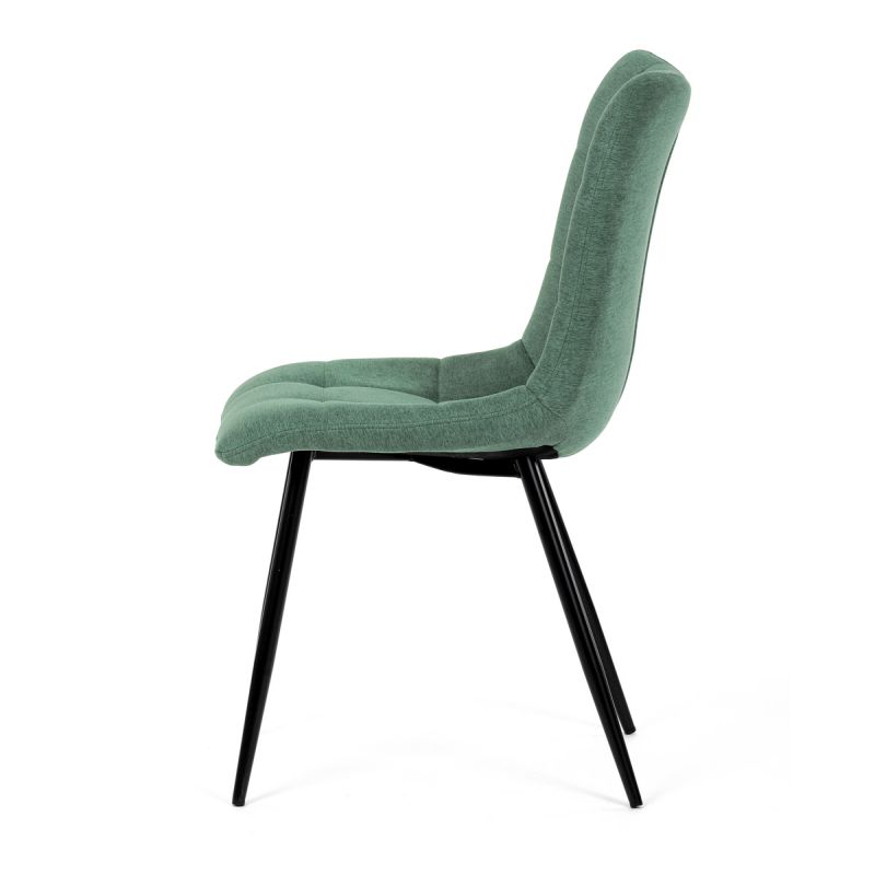 Stolička jedálenská, čalúnená zelenou látkou, čierne kovové nohy