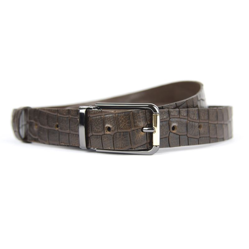 Kožený opasok s dezénom PEARL GOLD, šírka 3.3cm, CROCO dezén - tmavo hnedá