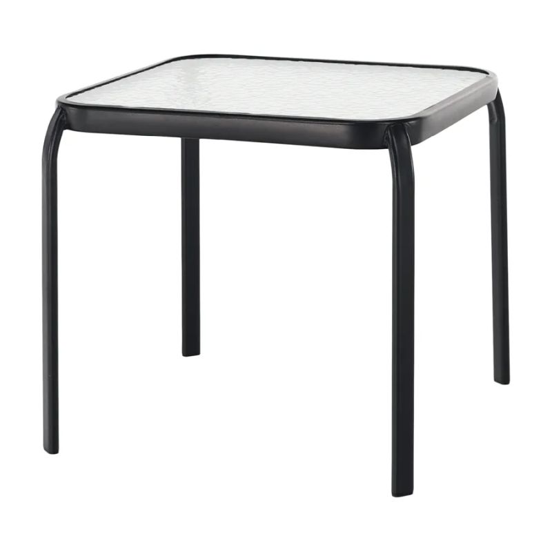 Záhradný štvorcový konferenčný stolík, čiena oceľ-tvrdené sklo