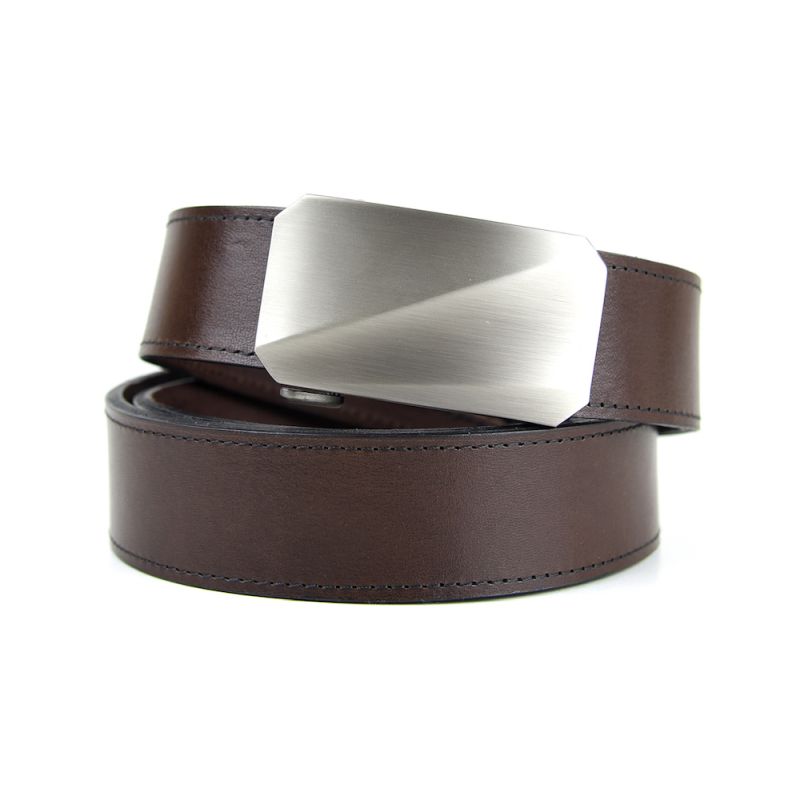 Kožený opasok s automatickou prackou 3D NICKEL NEW - Tmavo hnedá