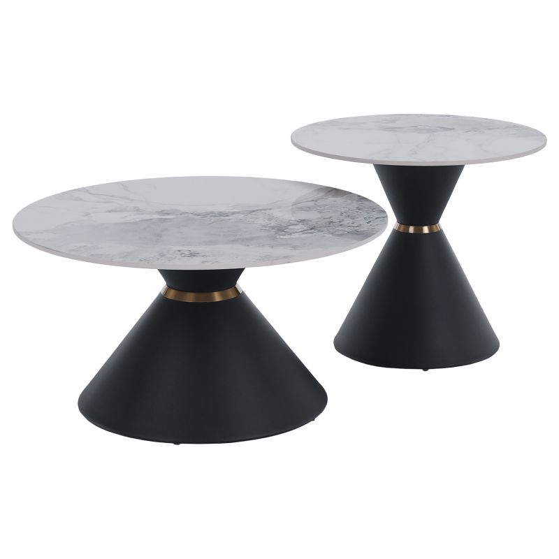 Konferenčné stolíky, set 2 okrúhlych, biely mramor-čierna-zlatá