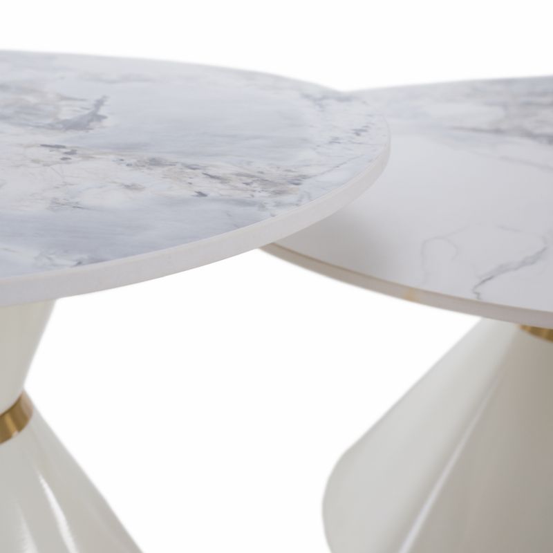 Konferenčné stolíky, set 2 okrúhlych, biely mramor-biela-zlatá