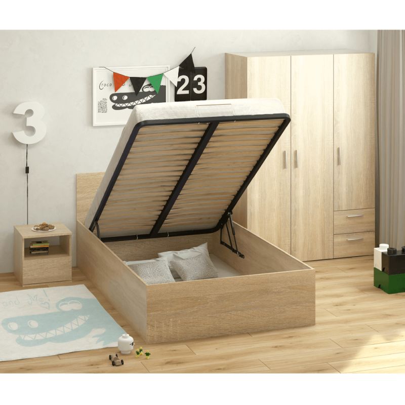 Posteľ s kovovým roštom a úložným priestorom, 120x200, dub sonoma