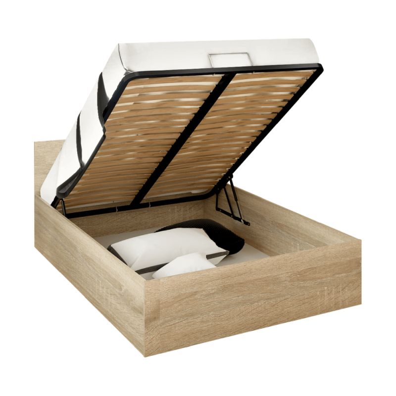 Posteľ s kovovým roštom a úložným priestorom, 140x200, dub sonoma