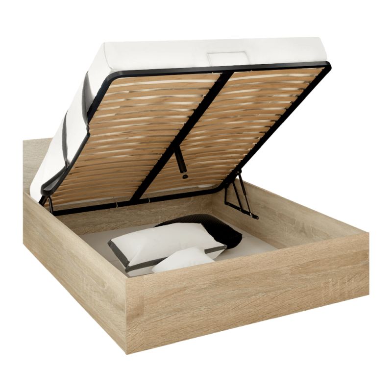 Posteľ s kovovým roštom a úložným priestorom, 160x200, dub sonoma