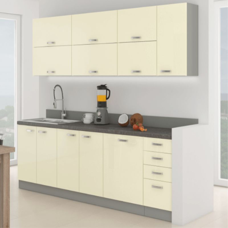 Kuchynská linka, krémová extra vysoký lesk-sivá 2,6 m